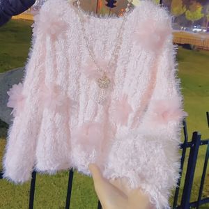 Chique Herfst-Winter 3D Bloemen Trui Basislaag voor Petite in Zoet Roze Zachte Brei