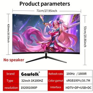 Gawfolk 32-inch Curved 1k 180hz Pc Screen, Full Hd 1920*1080p Resolution, Speakerless, Frameless 1800r Pc Screen With Vesa Support