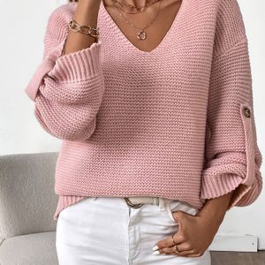 Elegant Red V-neck Sweater For Women - Chic Button Detail, Ribbed Texture, Polyester Knit Pullover With Lantern Sleeves, Machine Washable