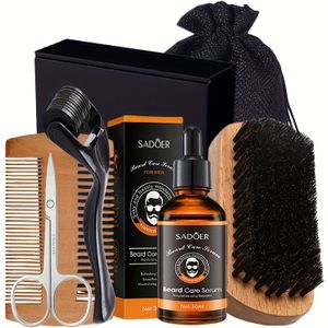 Baardverzorgingsset voor Mannen: Baardoel, Snorborstel, 0.25mm Roller, Houten Kam, Schaar - Perfect Cadeau voor Vaderdag, Kerstmis & Valentijnsdag