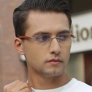 Herenmode: Onomlijnde houtnerf-brilmonturen met metalen accenten - PC-lens voor decoratief gebruik - Geen recept