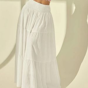 Vrouwen Elegante Gestructureerde Stof A-Lijn Maxi Rok - Lichtgewicht Zomer Vakantie Rok met Gerimpelde Zoom, Wit, Perfect voor Strand of Casual Uitjes, Strandrok