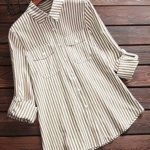 Chique Dames Gestreept Overhemd met Knoopsluiting - Casual Lange Mouwen met Kraag, Zakdetail, Machinewasbaar Polyester - Ideaal voor Lente & Herfst Mode