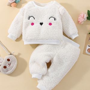 Meisjes Lange Mouw Fleece Dieren Geborduurde Top + Broek Set Baby Kleding Voor Winter, Buiten Kleding