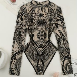 Europees en Amerikaans Nieuw Paisley Fleece Print Mesh Ronde Hals Lange Mouwen Bodysuit Y2K