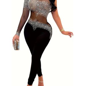 Rhinestone Decor Mesh Splicing Jumpsuit, Elegante Asymmetrische Mouw Skinny Jumpsuit Voor Feest & Club, Dameskleding