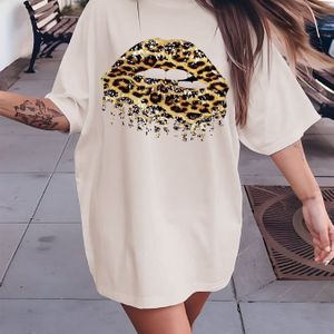 Women's Casual Short Sleeve Crew Neck T-shirt - Leopard Print Lips & Golden Glitter Graphic, Drop Shoulder Relaxed Fit, Machine Washable Top, Ladies T Shirts