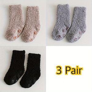 3-Pack Baby Winter Thermische Sokken - Dikke Warme Antislip Mid-Calf (Mid-Crew) Enkel met Zachte Flock, Pastelkleuren (Beige//Roze) - Machinewasbaar voor 0-5 Jaar - Koud Weer Voet