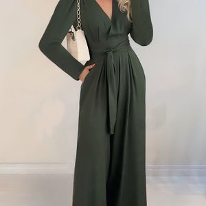 Surplice Hals Wijde Pijpen Jumpsuit, Elegante Lange Mouwen Gegordelde Jumpsuit Voor Lente & Herfst, Dameskleding