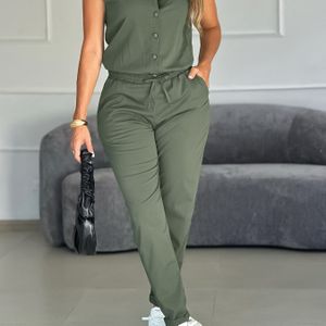 Vrouwen Casual Groene Jumpsuit met -Voor, Elastische Taille, en Zakken - Polyester, Mouwloos, Kleur, Perfect voor Lente/Zomer, Casual Zomer Kleding|Mouwloze Jumpsuit|Polyester Jumpsuit