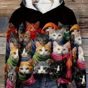 Casual Dames Hoodie met Kleurrijke Kattenprint - Comfortabele Losse Pasvorm Lange Mouwen Pullover voor Herfst Winter, Machinewasbaar, Schattige Sweatshirts, Duurzaam Comfortabel