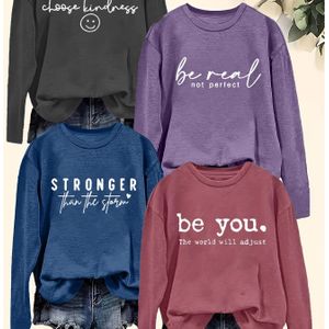 Plus Size, 4-delige Positionering Print Ronde Hals Lange Mouw, Casual Losse Pasvorm /Herfst Basislaag T-Shirt voor Dames - Wasmachinebestendig