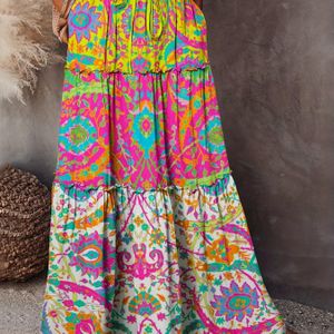 Levendige Geometrische Print Lange Rok voor Vrouwen – Hoge Taille, Wijd Uitlopend Ontwerp met Geraffelde , Lichtgewicht Polyester, Ideaal voor Lente en Zomer, Machinewasbaar