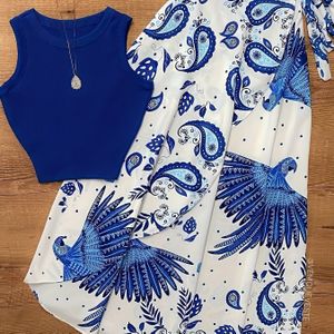 Blauw Vest + Blauwe Papegaaiprint Wrapjurk Set ZLLZ