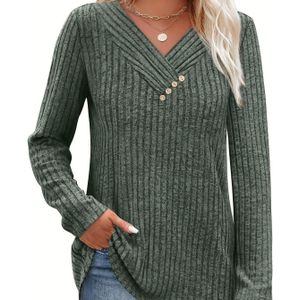 Vrouwen's Casual Lange Mouw V-Hals Trui met Knoopdetails - Gezellige Bruine Pullover voor Herfst & Winter, Perfect voor Casual Kleding, Gezellige Kleding | V-hals Trui | Constructie, Trui Jurk