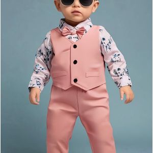 3-delige Herfstset voor Babyjongens, Gentleman Stijl met Bruine Boomprint Kraag Lange Mouwen Jumpsuit & Kleur V-Hals Mouwloze Vest en Rechte Casual Broek, Perfect voor Buiten