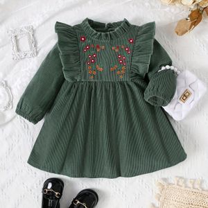 Meisjes Herfst-Winter Casual Elegante Corduroy Jurk - Donkergroen met Rode Bloemenborduursel, Kraag & Mouwmanchetten, Zachte Stof voor Feestdagen en Casual Kleding