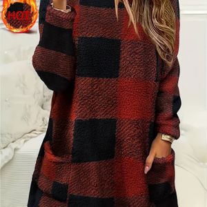 1pc Dames Cozy Pluche Lange Mouw Tuniek Top met Zakken - Schattig Ronde Hals Polyester Huis Kleding Shirt voor Winter