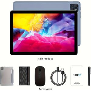 10.1" Tablet PC met 15, 2-In-1 2-In-With Toetsenbord, Muis, Hoes, Stylus, 128GB ROM + 16GB (4GB + 12GB Uitbreiding) RAM, Ondersteunt 1TB Geheugenkaart Uitbreiding, Tablet, Pad, Tablet, Pad