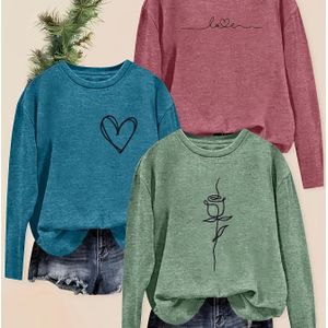 3-delige set Dames Lente/Herfst Nieuwe Casual Bloemen & Hart Print Losse Pasvorm Ronde Hals Langmouw Top, Basislaag T-Shirt voor Dagelijks Gebruik / Woonwerkverkeer / Thuis - Wasmachinebestendig