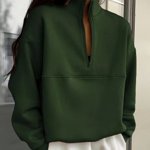Chique Donkergroene Dames Sweatshirt met Rits en Opstaande Kraag - Casual Lange Mouwen Pullover, Machinewasbaar, Inktgroen, Zuivere Kleur