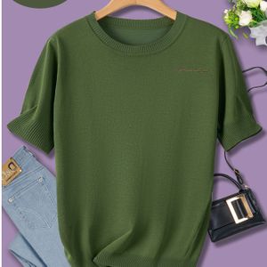 Dames Chic 'CASSIE' Grafische Print Trui - Casual Crew Neck, Korte Mouw, Veelzijdige Gebreide Top voor Lente/Zomer/Heren, Beige met Paarse Bloemen Ontwerp