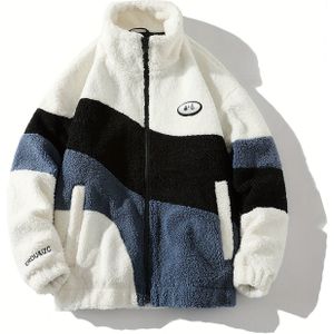 Heren Gezellige Kleurblok Fleece Jas - Warm, Pluche met Opstaande Kraag en Rits met , Ideaal voor Herfst & Winter Buitenkleding