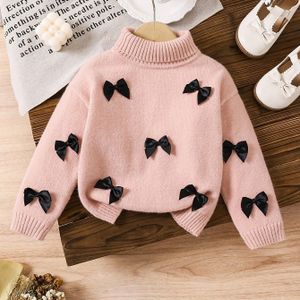Meisjes' roze strik hoge hals trui pullover nieuwe herfst en winter Koreaanse stijl mode gebreide top bodysuit