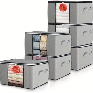 6 Pack 90l Clothes Storage Bags Large Storage Box With Lid Packing Boxes For With Reinforced Handle Thick Fabric Clear Window For Clothes Duvet Blankets Bedding, Grey, Under-bed Storage