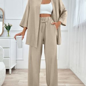 Elegante Tweedelige Beige Casual Suit Voor Dames - Crop Top & Wijde Broek Met Zakken, Perfect Voor Alle Seizoenen, Stijlvolle Thuisoutfit|Casual Outfit|Broek Met Zakken