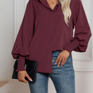 Overhemd Met Knoopsluiting, Elegant Reversoverhemd Met Lantaarnmouwen, Dameskleding