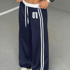 Marineblauwe & Witte Joggingbroek met Nummer 01 Rugprint - Elastische Taille, Losse Pasvorm Casual Sportpantalon voor Gym, Strand en Vrijetijdskleding (Wasbaar in de Machine)