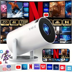 XGODY Mini WiFi Home Theater Projector, 255ANSI Native 720P, Ondersteunt 4K, 11, Automatische Correctie, 180 Graden Draaibare Standaard, Kantoor Bioscoop & Buitenprojector