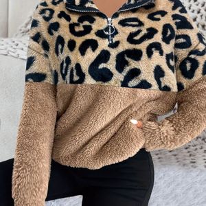Plus Size, Winter Damesmode Dubbelzijdige Polar Velvet Top met Luipaardprint Lange Mouwen Hoodie Contrastkleur Rits Losse Casual Plus Maat Pullover