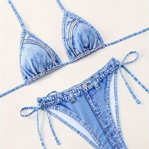 UFJUFJ Dames Denim Print Halter Bikini Top & Broekje Set - Sexy Triangel Bikini met Strikbandjes en Veterdetails, Hoge Stretch Stof, Blauwe Jeans Stijl Badkleding