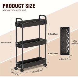 Kitchen Trolley, 3-tier Bathroom Shelf, Bathroom Shelf With 360° Swivelling Wheels And Hooks, Narrow Shelf For Bathrooms, Kitchens And Offices, Utility Racks