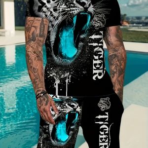 Tweedelige 3D Tijger Print Zomer Set, Ronde Hals Korte Mouwen En Zakken Uittrekbare Shorts, Comfortabel Gebreide Stof, Buiten