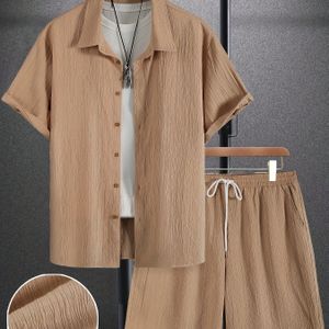 Maat Heren Kleur Golf Textuur Rimpel Korte Mouw Overhemd + Broek Set 2-, Ademend Casual Bijpassende Pak voor de Zomer