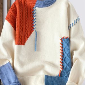 Heren Koreaanse Stijl Ronde Hals Trui, Jongeren Mode Patchwork Geribbelde Verdikte Warme Gebreide Shirt, Herfst en Winter Nieuwe Kleurblok Casual Basislaag 668