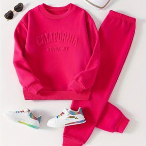 Gezellige Fleece-Gevoerde Meisjes Sweatshirt & Joggers Set - California Reliëf, Letterprint, Perfect voor Herfst/ & Casual