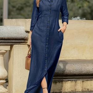 Vrouwen Elegante Kleur Lange Mouw Jurk, Polyester 100% Tent Silhouette, Regular Fit, Revers Kraag, Detail, Lente/Herfst Seizoen, Geweven Stof, 165 g/m² - Veelzijdige Mode voor Volwassenen