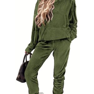 Dames Casual Dikke Fluwelen Hoodie Set met Lange Mouwen Top en Hoge Taille Broek, Elastische Kleur Jumpsuit met Zak, Polyester Gebreide Stof Pullover Pak voor Herfst/Winter
