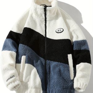 Heren Pluche Fleece Jas - Dikke Warme Winterjas met Volledige Ritssluiting, / Kleurblok, Opstaande Kraag & Zakken met Rits - Zacht Buitenkant