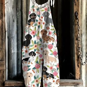 1pc Vrouwen Casual Bloemen en Teckel Print Jumpsuit met Strikbanden, Polyester Stof,