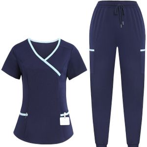 Vrouwen Verpleegstersuniform Set, Casual V-hals Korte Mouw Top met Zakken, Polyester Scrub, Ademend Handwasbaar, Bijpassende Broek, All-Seizoenen Zorgkleding