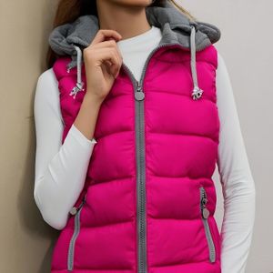 Vrouwen's Felroze Capuchon Vest - Dikke Winter Mouwloos H-Lijn Silhouet met Trekkoord Zakken, Rits Voor & Geribbelde Boorden, Machinewasbare Casual Buitenkleding voor Herfst & Winter