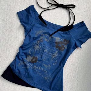 Women's Y2k Retro Ruffle Sleeve Crop Top T-shirt With Music Note Print, Black & -shoulder Design, Stretchy Polyester Blend, Y2k Fashion Statement For Casual Or Party Wea
