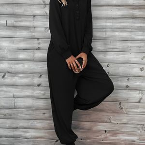 Vrouwen's Casual Losse Jumpsuit met Lange Mouwen en Voorste Knopen - Zwart, Zakken, voor Casual Kleding, Veelzijdige Pasvorm, Makkelijk te Onderhouden Stof