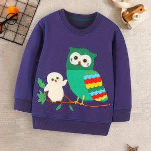 Herfst Kindertrui met Cartoon Uil Borduursel, Crew Neck Pullover, Casual Kleding, Wasmachinebestendig, Geschikt voor 2-7 Jaar