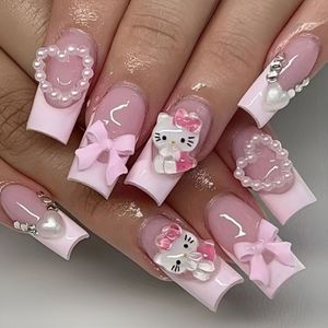 Sanrio 24 stuks HelloKitty Lange Vierkante Waterfall Nagel Tips - Schattige 3D HelloKitty Hart Strik Volledige Nepnagel Stickers Set, Cadeau voor Vrouwen